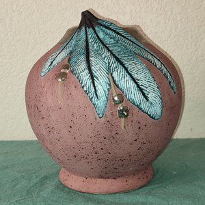 South Western Feather Vase Ceramic Studio Art Pottery Metal Accents ethnic Pink